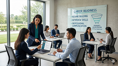 Professional career readiness workshop for fresh graduates. The image showcases a mentor-led session focusing on employability skills, resume optimization, and corporate communication in a bright, modern workspace.