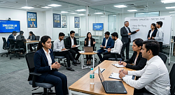 The image captures an active, open-plan corporate training facility focused on professional development and interview preparation. The room is modern, with large glass partitions creating semi-private spaces, a grey carpeted floor, and bright overhead fluorescent lighting. The overall color scheme is neutral, with wood-tone tables, black chairs, and blue accents from the posters and screens. ​The space is organized into several distinct zones with various activities happening simultaneously: ​Foreground Right (Focus Interview Area): At a light wood table, a young man and woman in business attire are seated, facing each other. The woman has a clipboard and is looking towards the man, who is holding a pen and looking at his papers. The man is wearing a white shirt, and the woman is in a dark blazer. On the table are two laptops (one open, one closed), clipboards, and a bottle of water. ​Foreground Left (Practice Zone): A young woman in a dark blue blazer is seated in an office chair, gesturing with her hands as she speaks with conviction. Behind her, a group of candidates are seated in a circle, including one man in a white shirt and others in blazers, who appear to be taking notes and participating in a group discussion or mock interview. A small central table holds a laptop. ​Background Right (Whiteboard Session): An older male trainer in a grey suit is standing at a large whiteboard, pointing and explaining. The board is titled 