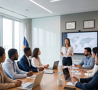 A medium-long shot captures a middle-aged, Caucasian woman with brown hair giving a presentation to seven colleagues. They are seated around a long, polished, wooden conference table. The woman stands at the head of the table in a white, long-sleeved shirt and black, high-waisted dress pants, with a microphone headset wrapped around her head and a badge attached to her lanyard. Two laptops sit in front of her on the table, along with a white coffee mug, and various papers. Her colleague on the left, a Caucasian man with brown hair wearing a long-sleeved shirt, listens as he holds a pen to a piece of paper on the table. Behind the woman is a large wall-mounted monitor displaying a light gray map of the world. Two framed pictures hang above the monitor. Behind her colleagues on the left, a full-length window reveals a sunny, bustling, light city landscape. To the right of the window stands a flagpole with a vertical Colombian flag. Overhead, a ceiling is covered in square soundproofing tiles with three long, white LED lights extending across its entirety. In the front left corner of the image is the shoulder of a Black woman with short dark hair in a tan coat as she listens to the presentation.
