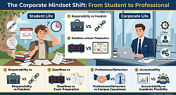 The infographic features a split-layout to visualize the transformation: ​The Student Life side captures the challenges of late assignments and confusion with icons representing freedom, exams, and casual campus behavior. ​The Corporate Life side highlights the confident young professional, emphasizing sections on responsibility, deadlines, accountability, and professional behavior.