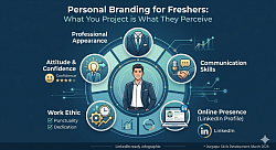 A medium-long shot of an infographic showing personal branding for freshers. The infographic is mostly dark blue, with light blue and teal used for diagrams. The center of the infographic is a teal-outlined circle which features a handsome, cartoon man wearing a dark blue suit and a light blue shirt. Five smaller circles are around the center circle, also outlined in teal and featuring teal connecting lines that branch off into dots, similar to an electrical circuit. On the top left is an icon of a teal man standing on top of a yellow man, below text that reads “Attitude & Confidence” and a five-star rating where four stars are colored yellow. Above this is a circle featuring an icon of a dark blue, teal-collared button-down shirt with a dark blue and teal striped tie, to the left of text which reads “Professional Appearance”. ​On the top right is a circle featuring an icon of an analog microphone to the left of an icon of two people shaking hands, both above text which reads “Communication Skills”. Below this is an icon of a cartoon laptop with its lid open, with an ‘in’ in a blue, rounded-edge square on the top right of its keyboard, and below text that reads “Online Presence (LinkedIn Profile)” and “LinkedIn”. On the bottom left is a circle featuring an icon of a clock with an icon of a gear and an upward arrow, above text that reads “Work Ethic”, and with a green checkmark to the left of the words “Punctuality” and “Dedication”. Along the bottom, there is text which reads “LinkedIn-ready infographic”, and on the bottom left, text that reads “* Durgapur Skills Development, March 2026”. Across the top, there is text that reads “Personal Branding for Freshers: What You Project is What They Perceive”.