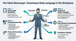The professional infographic I created for you. It covers all the essential areas, including: ​Zone Labels: Specific labels for Dress Code, Grooming, Posture, and Body Language. ​Pillar Sections: Detailed sections on Dress Code Standards, Personal Grooming, Posture & Body Language, Eye Contact & Handshake, and Confidence Signals. ​Interactive Design: Professional character illustration with arrows pointing directly to key body language elements. ​This design is clean and structured, suitable for a training handbook style.