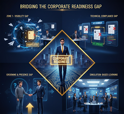 a professional conceptual illustration titled “Bridging the Corporate Readiness Gap.” Scene concept: A large modern training hall divided into four visual zones, each representing a common challenge faced by freshers before entering the corporate world. In the center stands a confident young Indian professional stepping forward through a glowing gateway labeled “Corporate Readiness.” Zone 1 – Visibility Gap Left section shows many candidates sending resumes into a dark tunnel labeled “Job Applications.” Most resumes disappear into the system while recruiters look confused at their screens. One highlighted candidate profile suddenly appears on recruiter dashboards with a “Shortlisted” notification, symbolizing being discovered by recruiters. Zone 2 – Grooming & Presence Gap Another section shows a transformation: A nervous candidate with poor posture, casual clothing, and low confidence. Next to them, the same candidate appearing well-groomed, professionally dressed, confident posture, strong handshake with an interviewer. Zone 3 – Technical Compliance Gap (ATS) A digital recruitment system visual: Several resumes rejected by an Applicant Tracking System scanner. One optimized resume passing through with keywords highlighted and a green “ATS Approved” indicator. Zone 4 – Simulation-Based Learning A modern “Simulation Lab” training room where candidates are practicing: Mock interviews Role-play corporate scenarios Presentation practice A trainer is guiding them while cameras record practice sessions. Center Focus The successful candidate walks confidently toward a corporate office skyline, representing transformation from Campus → Corporate Professional.
