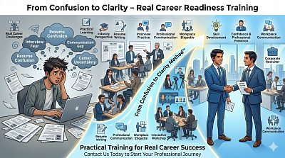 A single wide scene showing the transformation journey of a young Indian student into a confident corporate professional. Left Side – Confusion Stage Show a student looking confused and overwhelmed: Papers and resumes scattered Question marks floating around Words like “Interview Fear,” “Resume Confusion,” “Communication Gap,” “Career Uncertainty.” Student sitting with a laptop searching for jobs. Colors on this side should be slightly dull and greyish, symbolizing confusion. Center – The Training Process A glowing pathway labeled “From Confusion to Clarity Method™.” Along the pathway, show training activities happening: Trainer guiding students in a classroom Mock interview practice Resume building session Communication training Interactive workshop with discussion Icons representing: Resume writing Interview practice professional communication workplace etiquette skill development Right Side – Clarity & Professional Success Show the same student transformed into a confident young professional in formal attire. Visual elements: Confident posture Successful handshake with recruiter Offer letter in hand Modern corporate office environment Team collaboration scene Background colors become bright blue and gold, symbolizing success and clarity. Supporting Visual Elements Around the scene show small icons representing: Real Career Challenges Practical Learning Industry Perspective Confidence & Professional Presence Workplace Communication Final Text Element At the bottom include the message: “Practical Training for Real Career Success.” “Contact Us Today to Start Your Professional Journey.”