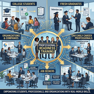 The image presents a professional training environment illustrating “Who Our Programs Are For.” At the center of the scene stands a professional trainer guiding a diverse group of participants, symbolizing a hub of career development and skill-building. The central training area represents a structured learning space where individuals from different career stages come together to improve their professional readiness. Around the central trainer, the image is visually divided into five sections, each representing a specific group that benefits from the program. On one side, college students are shown attending a workshop. They are seated with laptops and notebooks, listening attentively while learning about resume preparation, interview techniques, and workplace readiness. Their appearance reflects curiosity and eagerness to prepare for their future careers. Next to them are fresh graduates, dressed in formal attire and participating in a mock interview session. One graduate is speaking confidently while another reviews a resume with guidance from a mentor. This section highlights the transition from academic life to the professional world. Another section depicts early career professionals in a modern office setting participating in a communication and leadership training session. They are engaged in discussions, presentations, and collaborative activities aimed at improving workplace performance and confidence. In the job seekers section, individuals are shown actively preparing for employment opportunities. Some are working on laptops to refine their resumes, while others are practicing interview responses or researching job openings. This area emphasizes practical preparation for securing employment. Finally, the image features organizations and companies represented by employees attending a structured corporate training session in a professional meeting room. A trainer is leading a presentation focused on improving communication skills, teamwork, and professional behavior to strengthen organizational performance. The overall visual design conveys a sense of growth, collaboration, and transformation, highlighting how the training program supports individuals and organizations at different stages of their professional journey. The atmosphere is modern, professional, and inspiring, reinforcing the message that the program helps participants develop the confidence and skills required for real-world workplace success.