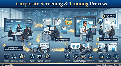 The image presents a professional infographic titled “Corporate Screening & Training Process,” illustrating a structured approach to identifying, preparing, and developing professional talent within organizations. At the center of the visual is a clear workflow diagram consisting of seven connected stages, representing the journey from understanding organizational requirements to continuous employee development. Each stage is illustrated with small scenes and icons that demonstrate how the process works in practice. The first stage shows a consultation between a training expert and company HR managers, where organizational requirements, job roles, and workplace expectations are being discussed. This step highlights the importance of aligning the training process with the company’s specific needs. The second stage depicts resume evaluation, where a recruiter carefully reviews multiple candidate profiles on a computer screen. Some resumes are selected and moved into a “shortlisted” category, indicating that they meet the organization’s initial criteria. In the third stage, candidates participate in a preliminary communication assessment, where their clarity of expression, confidence, and professional attitude are evaluated through conversation or virtual interaction. The fourth stage shows an initial interview screening, where candidates participate in a professional interview setting. This step ensures that candidates are partially prepared before they are introduced to the organization. The fifth stage illustrates soft skills training for newly selected candidates or employees. In this training environment, participants are learning communication skills, professional etiquette, teamwork, and workplace behaviour to help them adapt effectively to corporate culture. The sixth stage focuses on skill development for existing employees, where professionals participate in workshops designed to enhance leadership communication, presentation skills, and collaboration within teams. The final stage shows continuous improvement and support, represented by a feedback and development loop. Training programs are refined based on organizational feedback, allowing employees to continuously improve their professional capabilities. Overall, the image conveys a structured, systematic approach to corporate talent development, emphasizing preparation, training, and continuous growth. The visual communicates how organizations can build stronger teams by combining effective screening with practical professional training.
