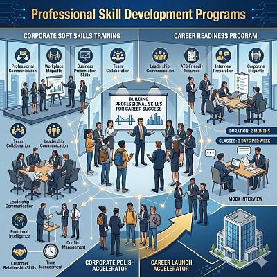 The image presents a professional training poster illustrating structured skill development programs designed for students, fresh graduates, and organizations. The overall visual theme focuses on preparing individuals for successful careers and improving workplace effectiveness through practical professional training. At the center of the image is a modern training room where a professional trainer is conducting a session with a diverse group of participants. The participants include college students, recent graduates, and corporate employees, symbolizing how the programs serve individuals at different stages of their professional journey. Behind the trainer is a presentation screen displaying the theme of professional skill development and workplace readiness. The left side of the image represents Corporate Soft Skills Training for organizations. In this section, corporate employees are participating in interactive learning activities such as business presentations, team discussions, and communication workshops. Visual icons surrounding this area highlight key training topics including professional communication, workplace etiquette, leadership communication, emotional intelligence, teamwork, conflict management, customer interaction, and time management. The setting resembles a corporate training workshop designed to enhance productivity and professional behaviour in the workplace. The right side of the image represents the Career Readiness Program designed for college students and fresh graduates. In this section, students are engaged in practical activities such as preparing resumes, participating in mock interviews, and receiving feedback from a trainer. Some participants are practicing professional introductions while others are reviewing ATS-friendly resumes on laptops. These activities demonstrate how the program prepares individuals to confidently face job interviews and workplace expectations. At the bottom of the image, the training modules Corporate Polish Accelerator and Career Launch Accelerator are represented as part of a structured pathway that leads participants toward a modern corporate office building. This pathway symbolizes the transition from academic learning to professional success. Overall, the image communicates the message that these training programs combine practical learning, career preparation, and corporate skill development, helping both individuals and organizations build stronger professional capabilities and achieve long-term career growth.