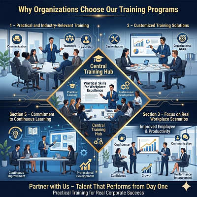 The image illustrates “Why Organizations Choose Our Training Programs,” presenting a structured visual representation of the key benefits that companies receive from professional soft skills training. At the center of the image is a corporate training workshop where a professional trainer is conducting a session with a group of employees in a modern meeting room. Participants are actively engaged in the session, listening to the trainer, discussing ideas, and participating in presentations. A digital presentation screen behind the trainer highlights the theme of practical workplace skill development, emphasizing that the training focuses on real-world applications rather than theoretical learning. Surrounding the central training environment are five visual sections representing the main reasons organizations choose the program. One section illustrates practical and industry-relevant training, where employees are learning communication techniques, presentation skills, and teamwork practices through realistic workplace examples. This area highlights the connection between training and real professional environments. Another section represents customized training solutions, showing a consultation between trainers and organizational leaders. They are reviewing charts and discussing specific training goals, demonstrating how programs are tailored to match the needs, industry environment, and workforce requirements of each organization. A third section focuses on real workplace scenarios, where employees are participating in role-play exercises and case discussions. Team members are practicing presentations, solving problems together, and simulating workplace situations such as customer interaction and team collaboration. The fourth section highlights improved employee confidence and productivity. In this part of the image, employees are shown working together effectively in a professional office environment. They communicate clearly, collaborate confidently, and contribute to improved team performance and productivity. The final section represents the organization’s commitment to continuous learning. Employees are participating in ongoing training sessions, including digital learning platforms and advanced workshops. Visual elements such as growth charts and learning icons symbolize ongoing development and adaptation to evolving workplace expectations. Overall, the image communicates a clear message that the training programs help organizations strengthen their workforce through practical learning, customized solutions, real-world application, increased employee confidence, and continuous professional development.